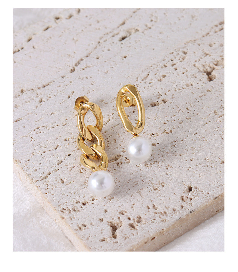 Bold Metal Chain Earrings with Pearl Embellishments - Unique European Design