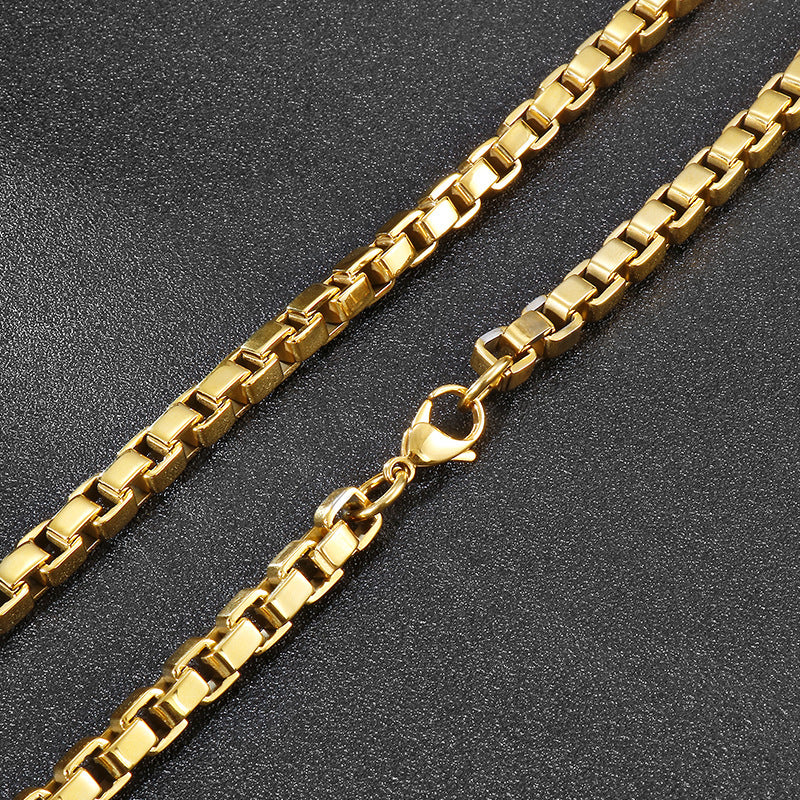 Popular Stainless Steel 7mm Electroplated Gold Box Chain Titanium Steel Necklace