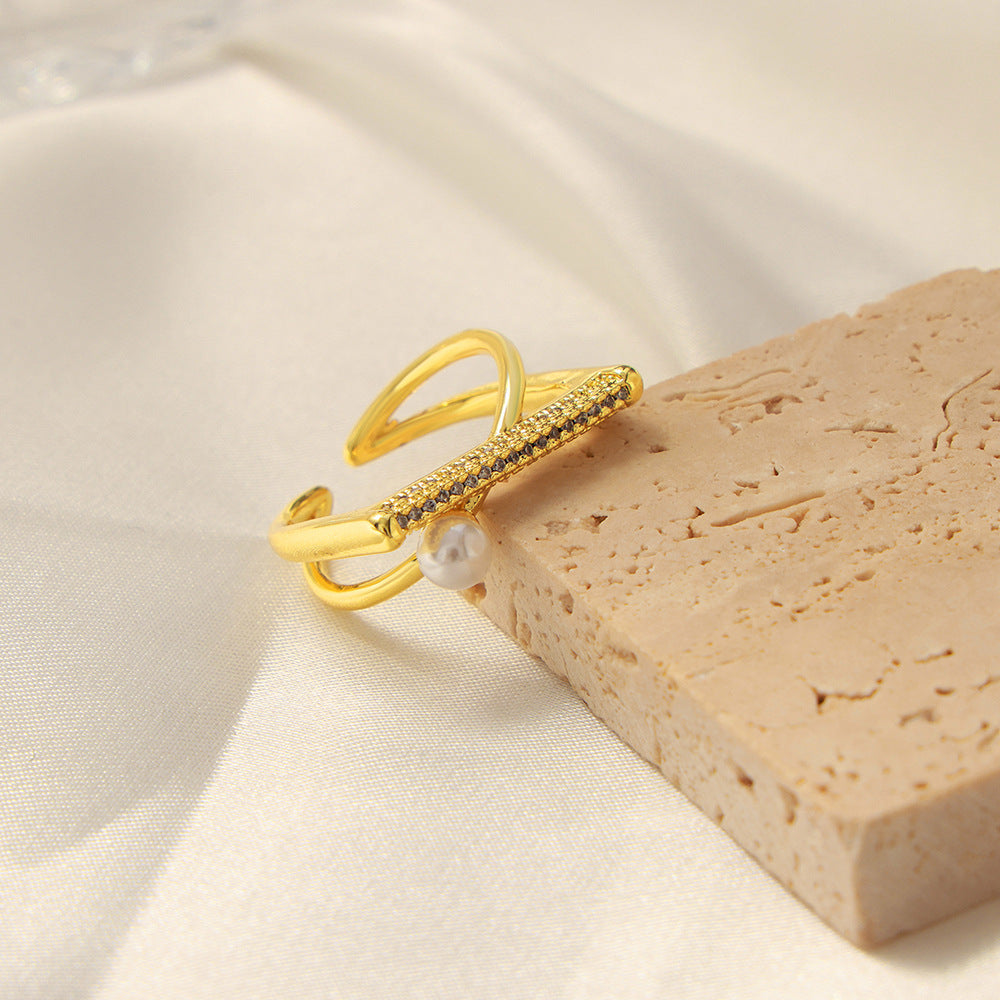 Modern Open Ring with Geometric Design and Imitation Pearl