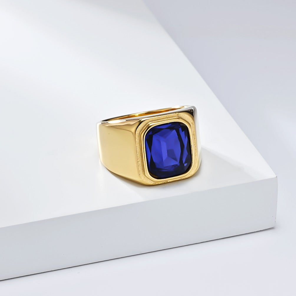 Planderful Personalized Light Luxury Men's Square Gemstone Ring Titanium Steel Gold-Plated