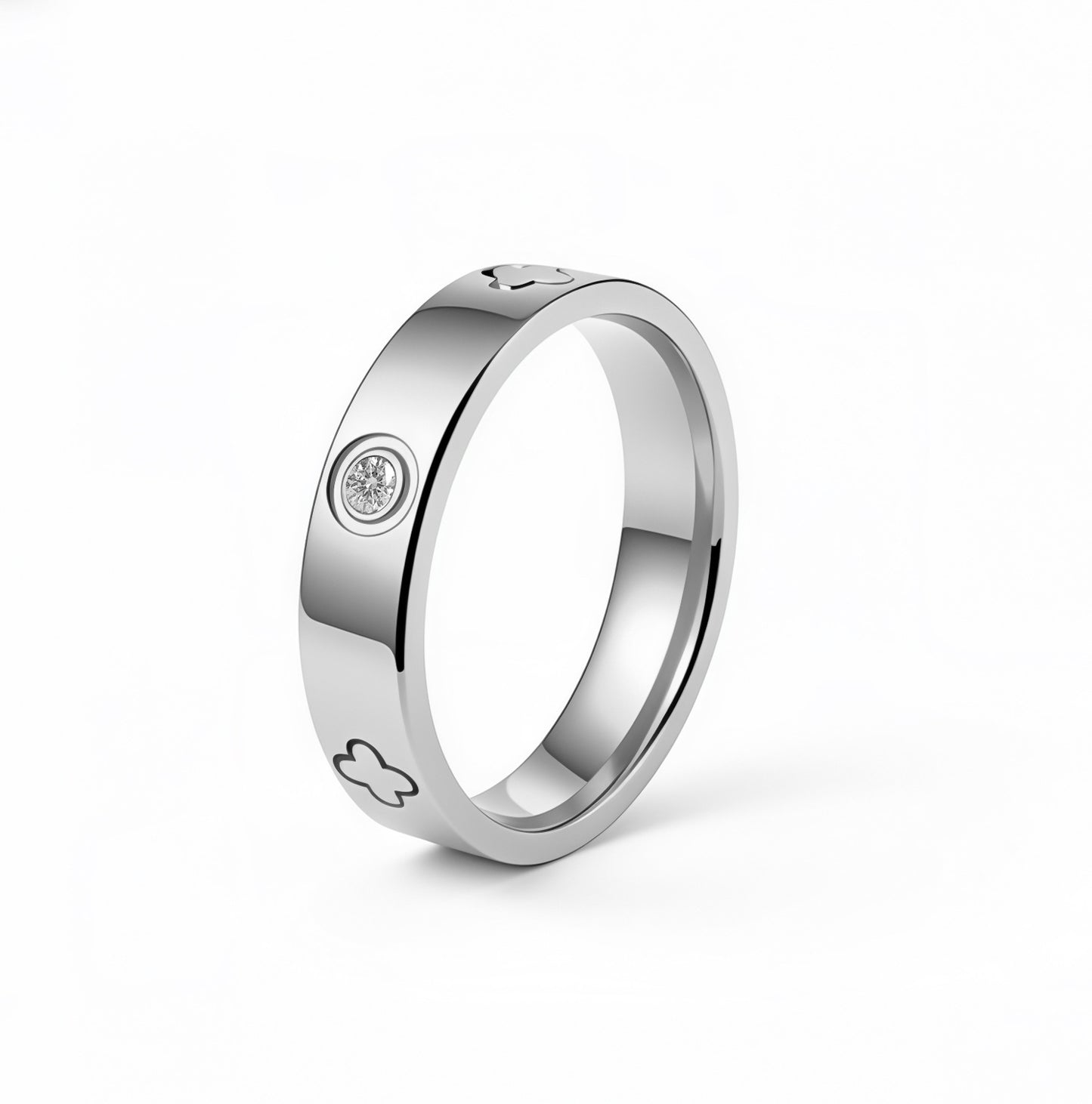 Stainless Steel Ring Four Leaf Clover With Zircon Row By Planderful For Unisex Couples Protective Symbol Jewelry