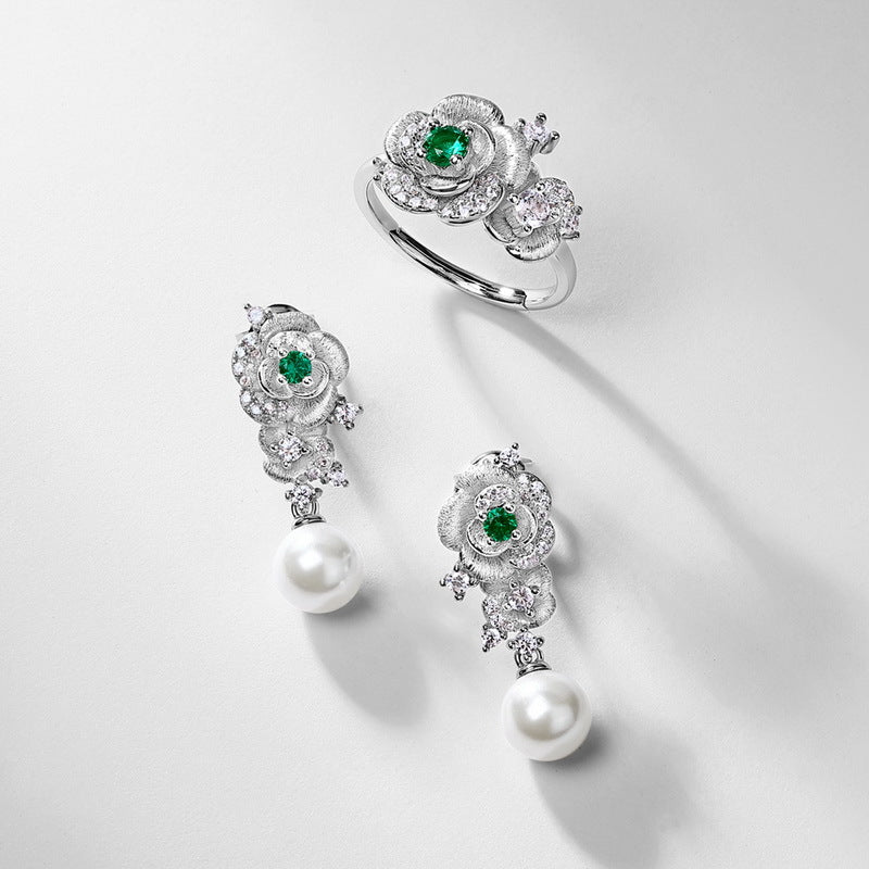 S925 Sterling Silver Lab-Grown Emerald & Pearl Flower Stud Earrings