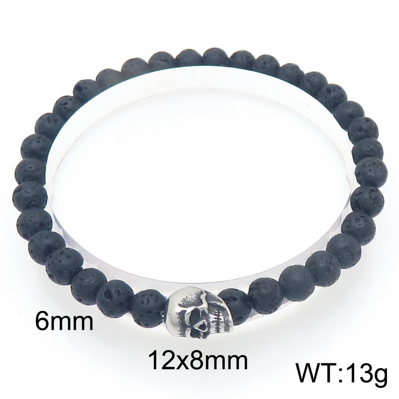 Planderful Men Skull Beaded Elastic Bracelet Volcanic Stone