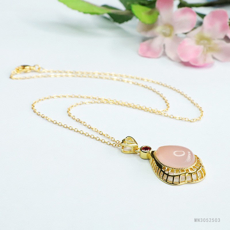 Pink Chalcedony Openwork Teardrop Pendant — No Chain