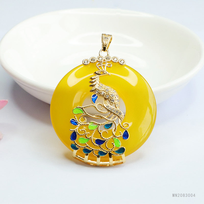 Yellow Chalcedony Cloisonné Phoenix Peace Buckle Pendant — No Chain