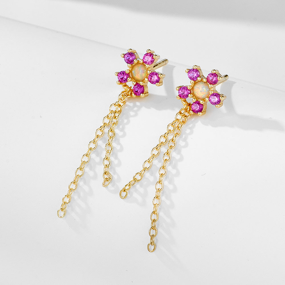 S925 Sterling Silver Zircon Chain Fringed Earrings Opal Flower Earrings