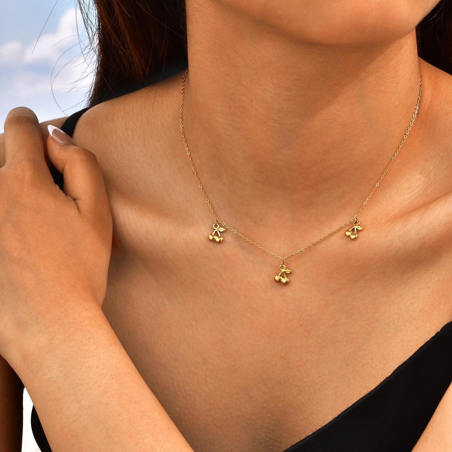 Girls Sweet & Delicate Clavicle Chain Stainless Steel Flat Cross Chain 3 Cherry Necklace