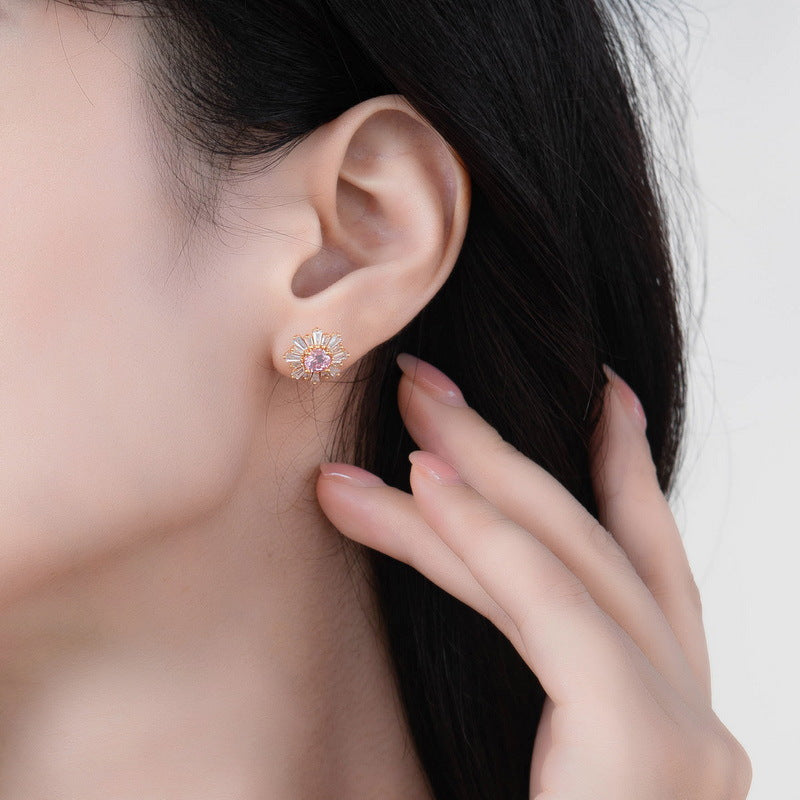 Zircon Pink Sun Flower Sterling Silver Stud Earrings