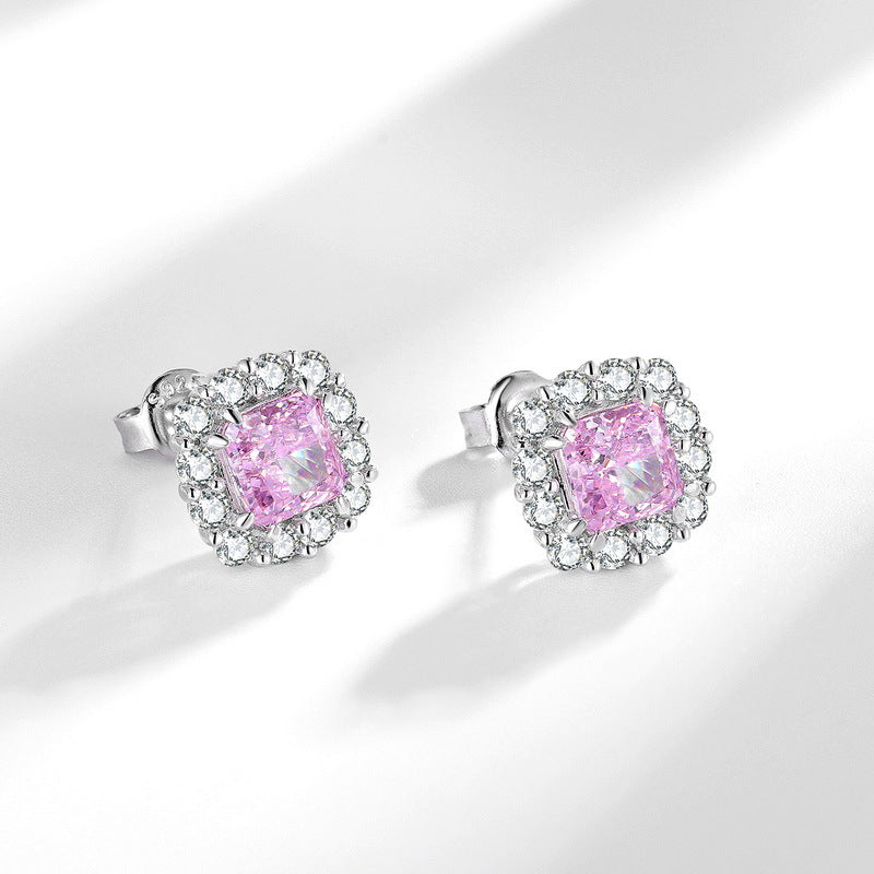 S925 Sterling Silver High-Carbon Stone Princess Stud Earrings
