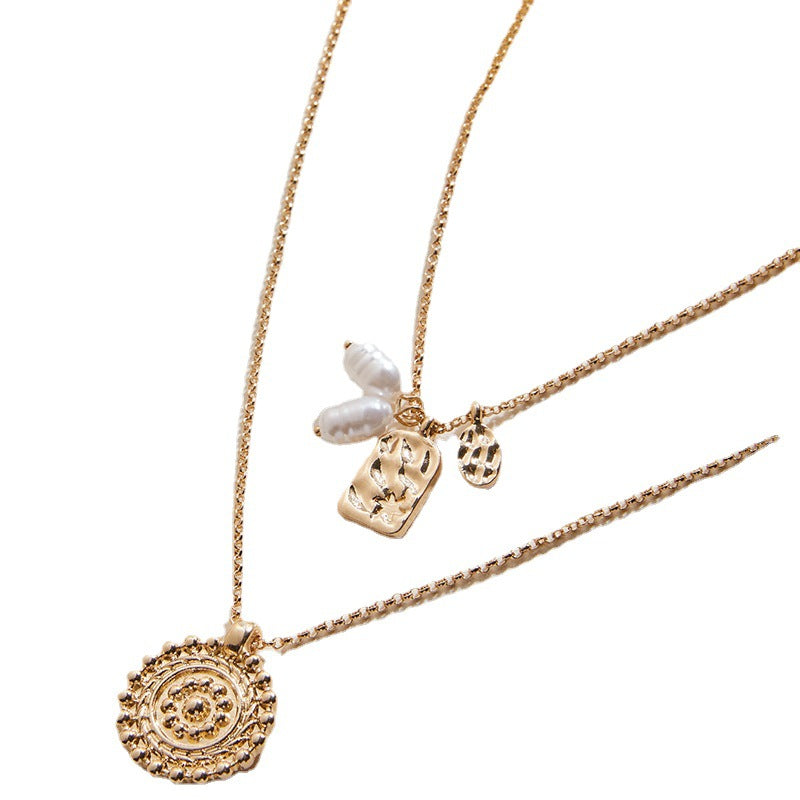 Exquisite Double Layered Pearl and Roman Gold Coin Necklace