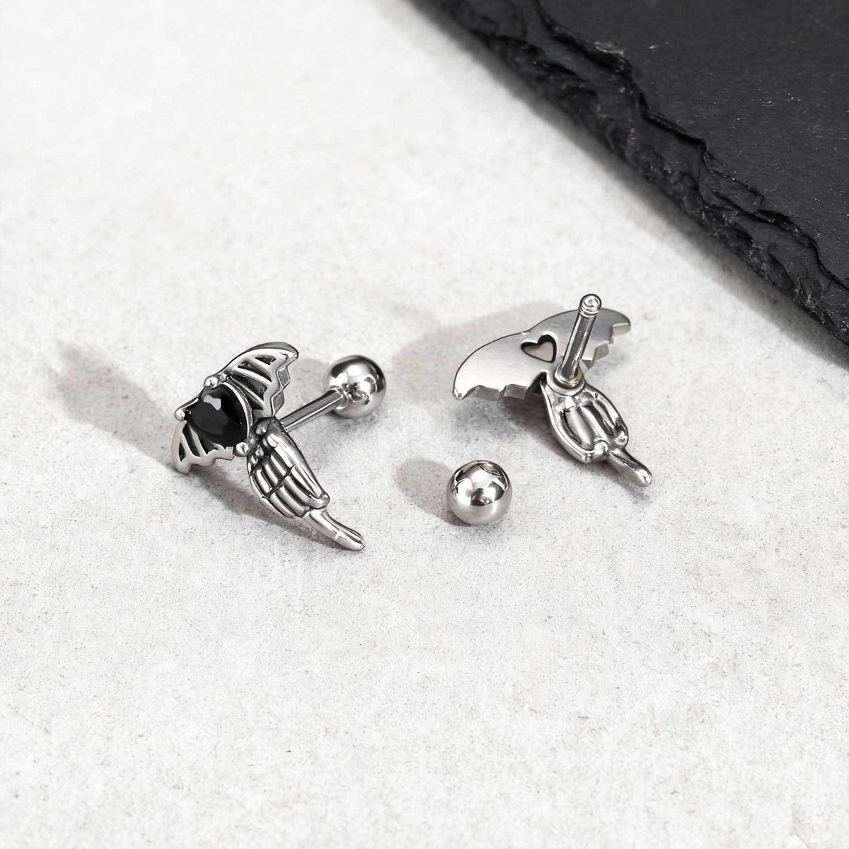 Silver-Tone Black Heart Bat Skeleton Earring — Single