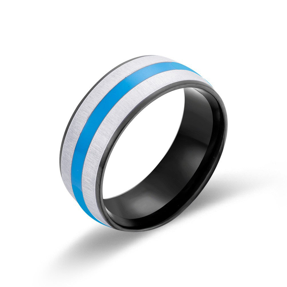 Stainless Steel Inner & Outer Arc Three-Color Blue Ribbon Ring – Men's Glue
