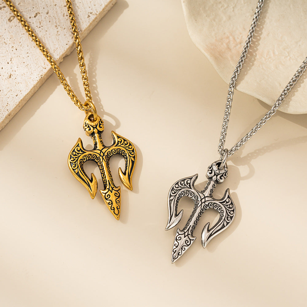 Stainless Steel Neptune Trident Necklace By Planderful For Men And Teens Bold Retro Pendant