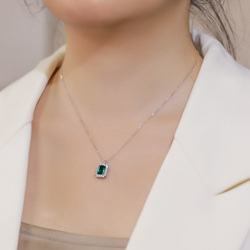 Planderful Jewelry Sterling Silver Lab Grown Emerald Necklace With Vintage Zircon Halo, Elegant Gift