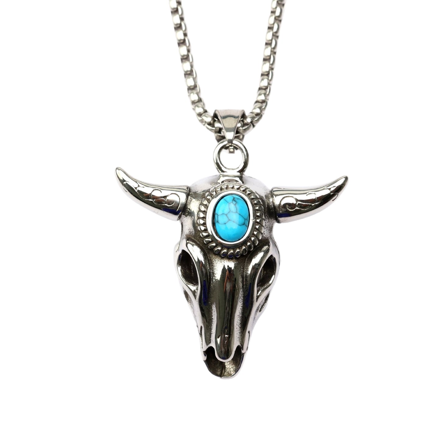 Planderful Ox Head Turquoise Pendant For Men Retro Stainless Steel Zodiac Necklace