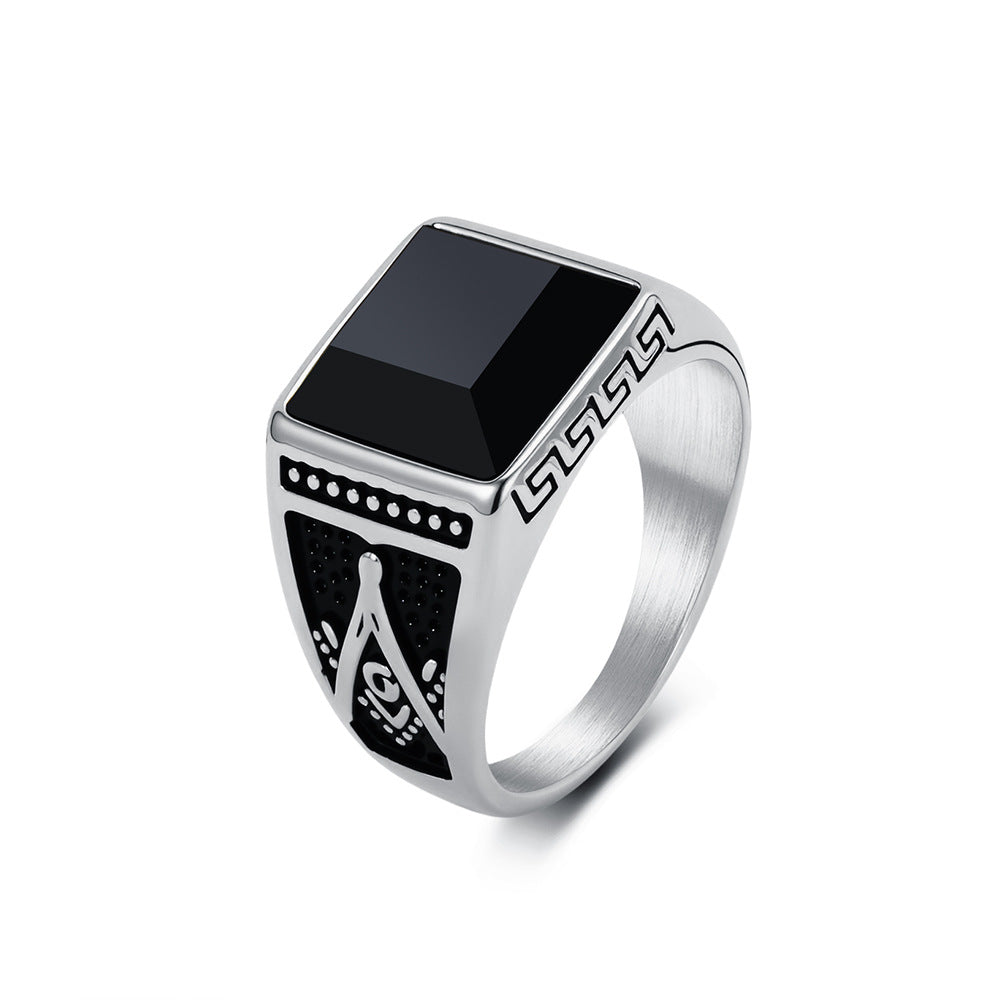 Planderful Everyday Genie Masonic Ring For Men Black Glass Gem Titanium Steel Does Not Fade Street Style