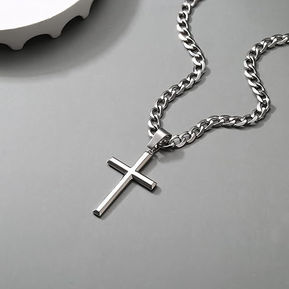 Planderful Men Cross Necklace Stainless Steel Cuban Chain Trendy Pendant Jewelry Classic