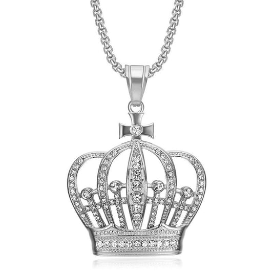 Planderful Crown Pendant Necklace Titanium Steel Gold Plated Zircon For Hip Hop Fans