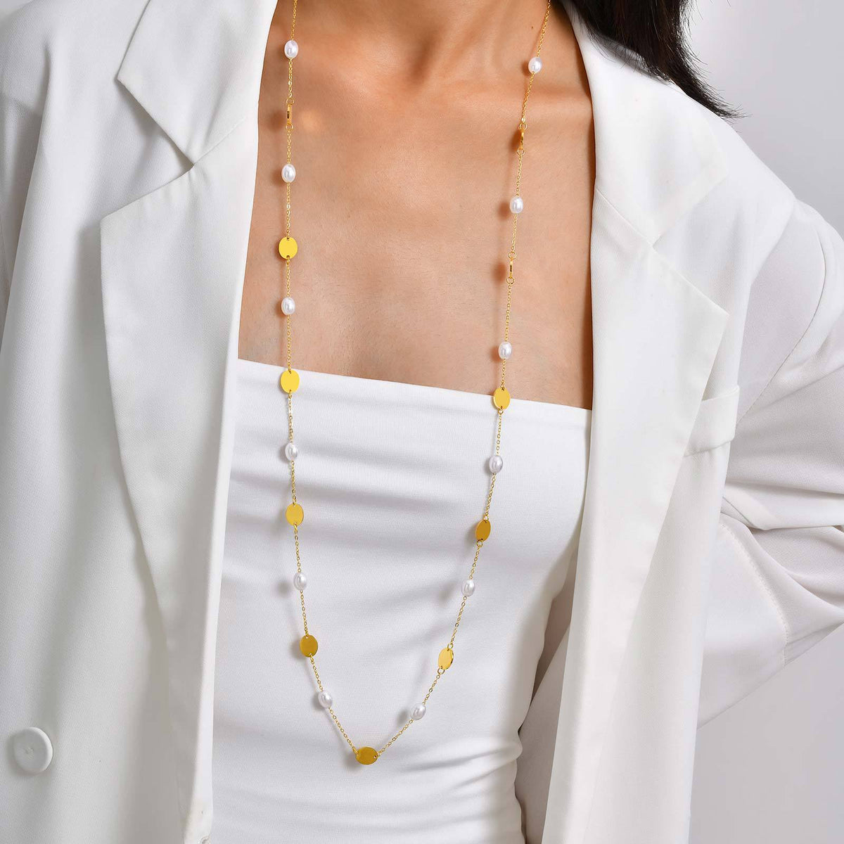 Stainless Steel Women's Style Imitation Pearl Heart Shape Stackable Necklace Gold