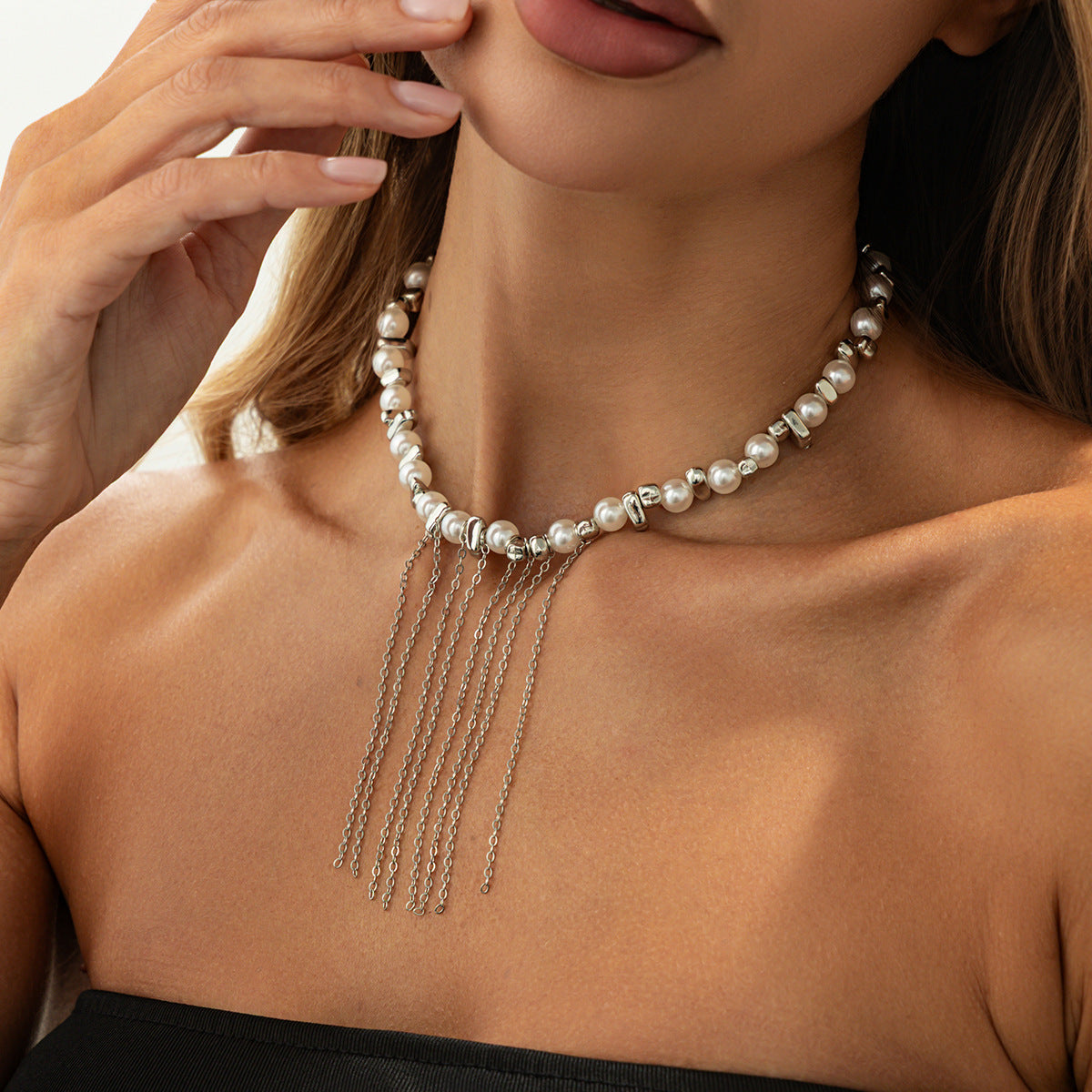 Irregular Pearl Chain Fringe Necklace