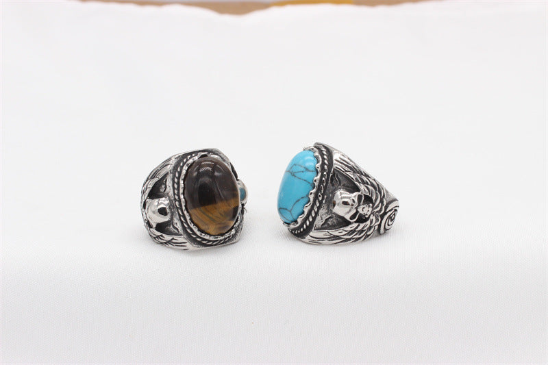 Planderful Tigers Eye Skull Ring Titanium Steel Unisex Oval Stone For Protection And Retro Style
