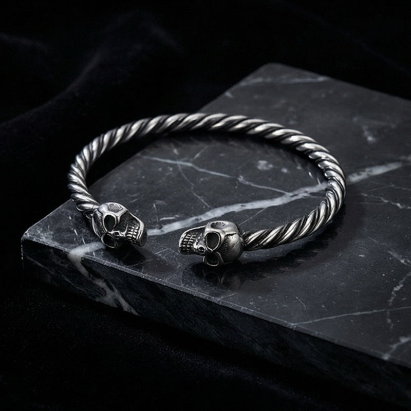 Skull C-Shaped Bracelet – Viking Wolf Head Twist Twist Leather Rope Stainless Steel Men's