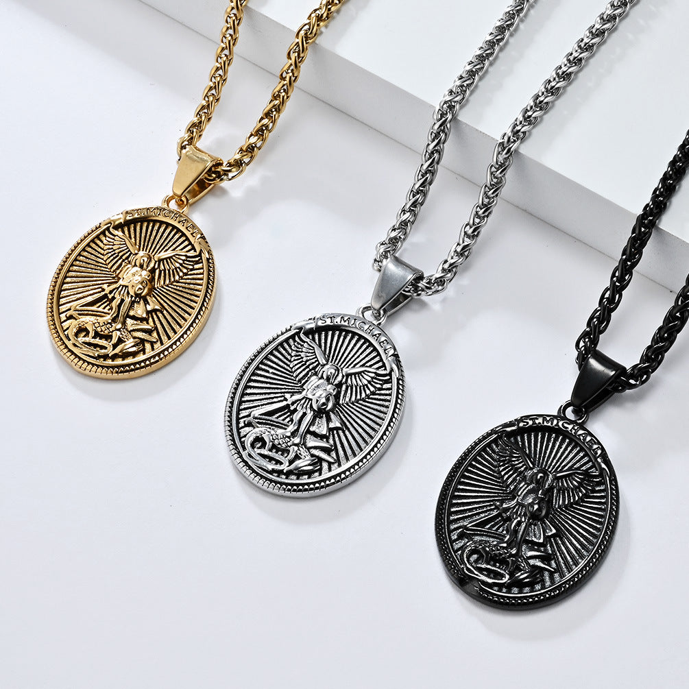 Steel Necklace - Vintage Archangel Oval Pendant For Everyday Wear And Spiritual Symbol Jewelry By Planderful