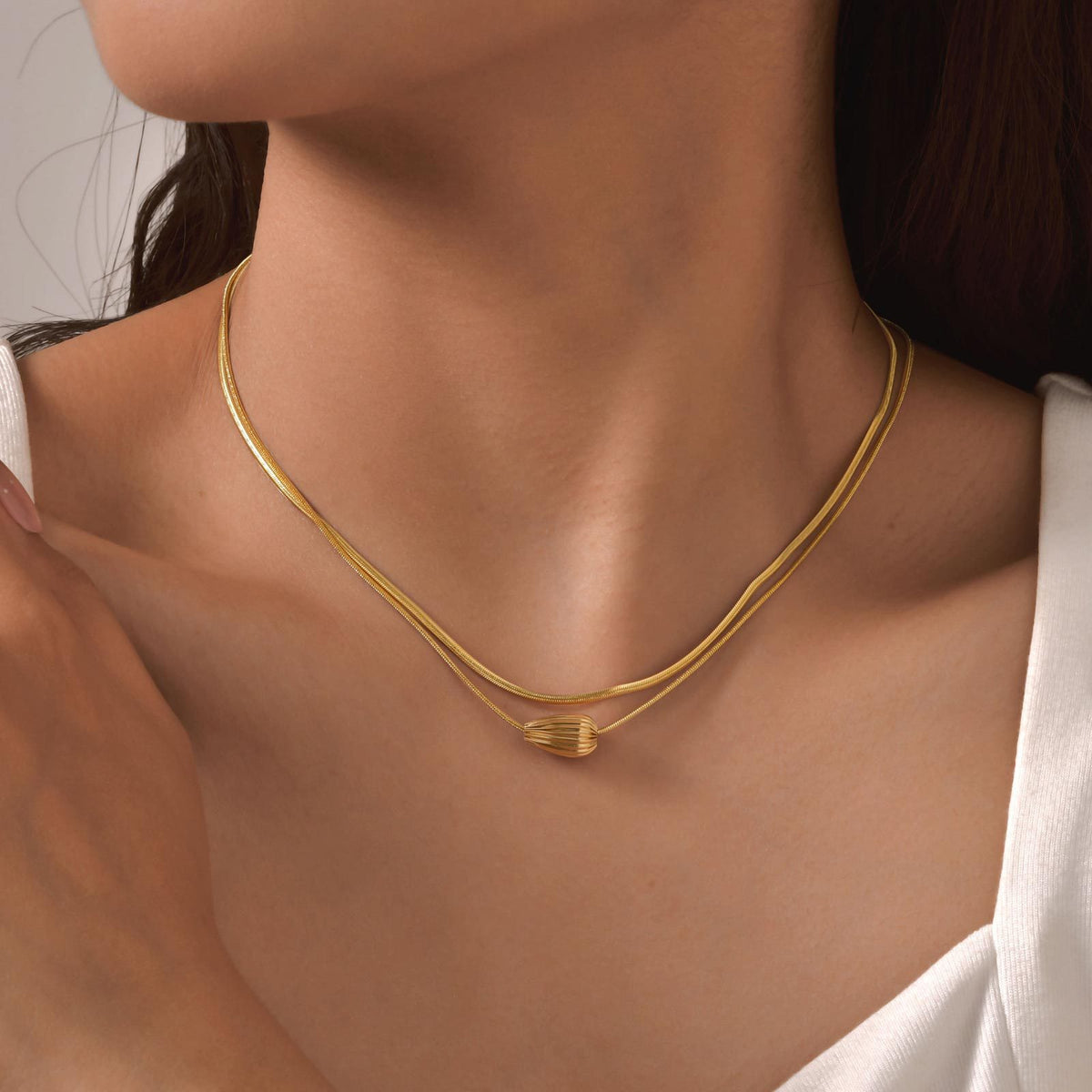 Stainless Steel Strip Gold-Plated Pattern Water Drop Bead Spacer Double Layer Stacked Necklace