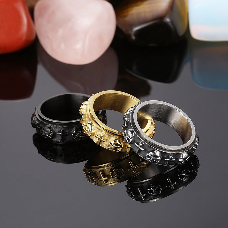 Trendy Rotatable Skull Ring for Men - Retro Cross Design in Titanium Steel