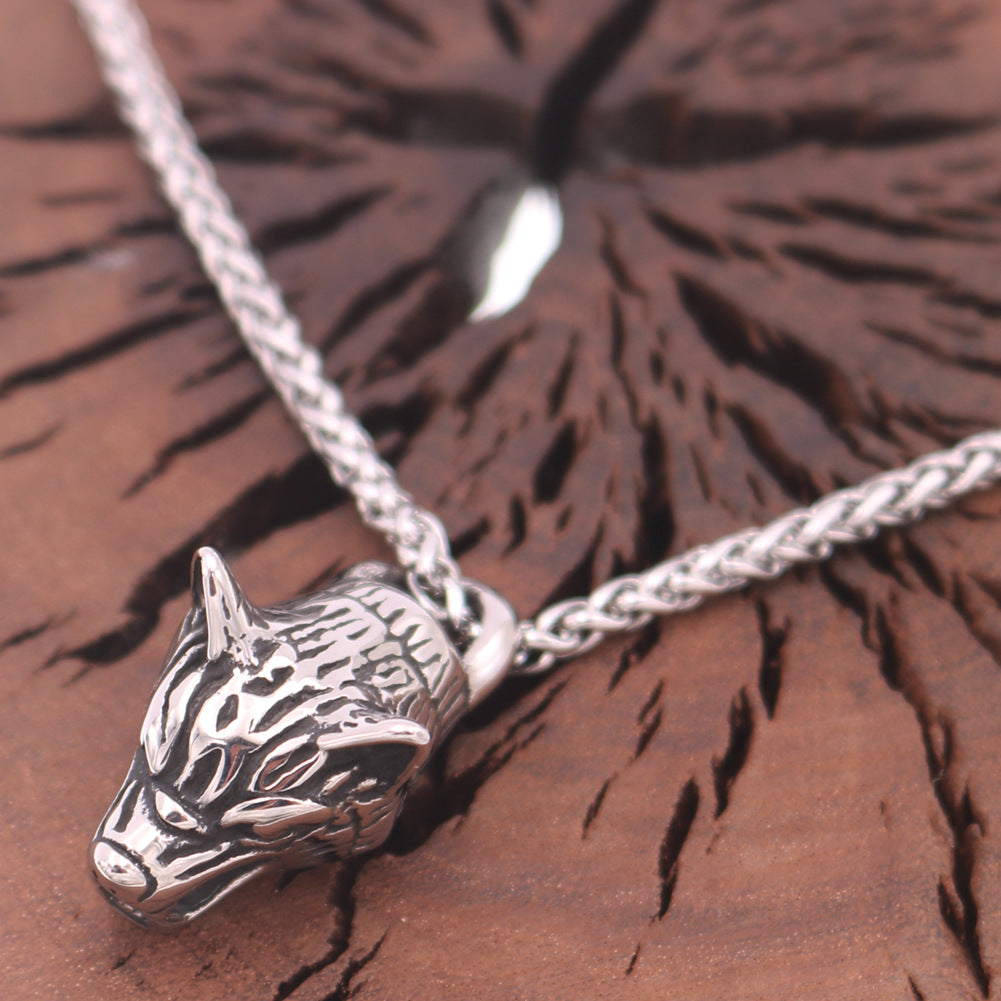 Nordic Wolf Head Stainless Steel Necklace - Men's Titanium Flower Chain