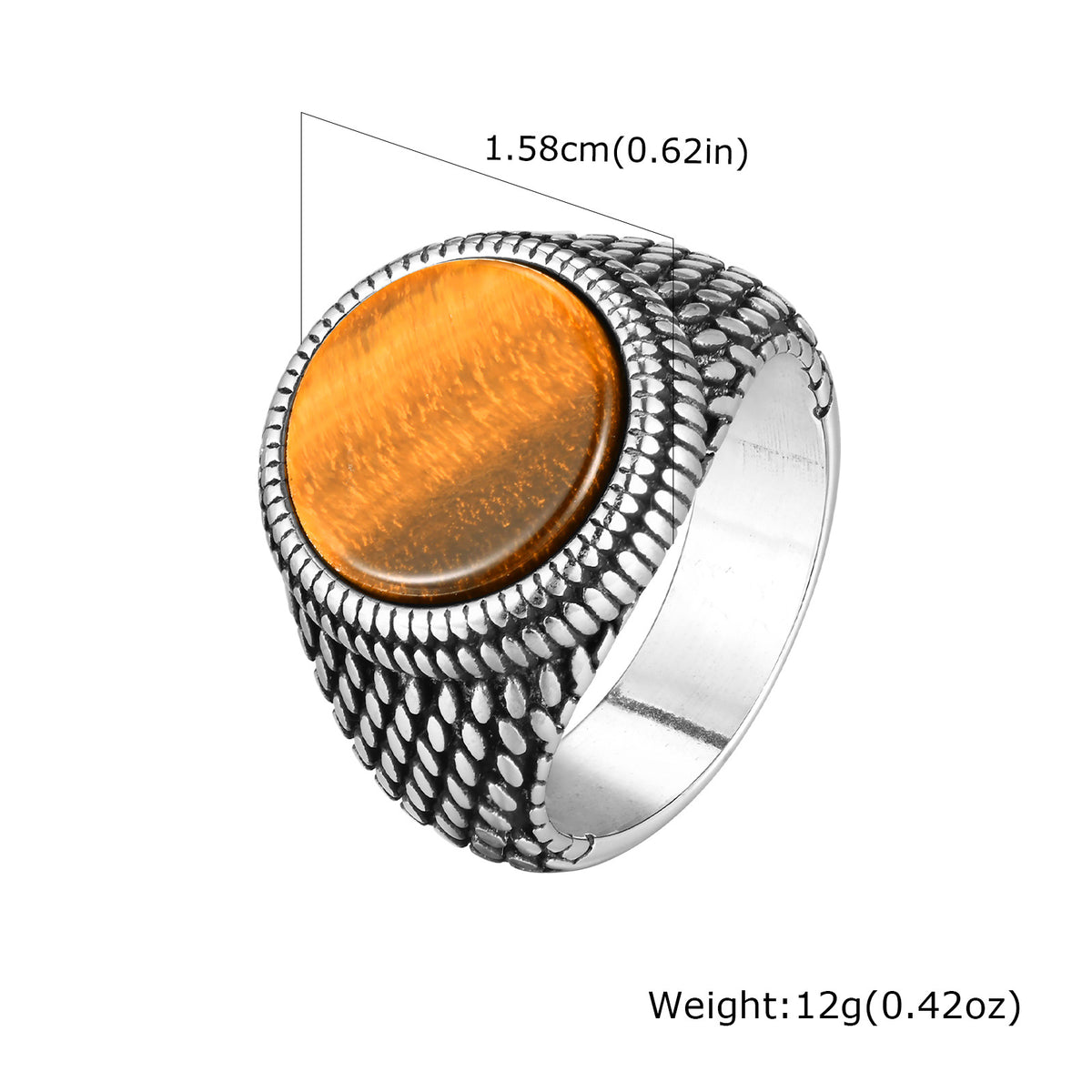 Stainless Steel Ring Square Glass Stone Oval Natural Tiger's Eye Agate