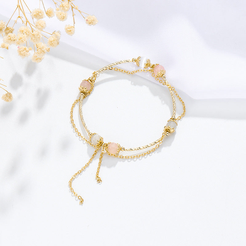 Multi-Layer Sterling Silver Crystal Bracelet with Cat's Eye Powder Gems