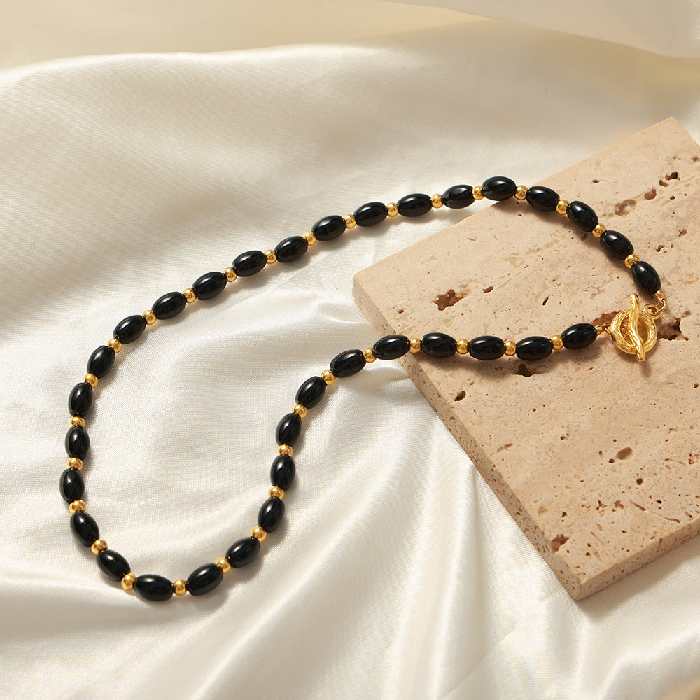 Opulent Black Agate Handmade Necklace with Elegant OT Buckle