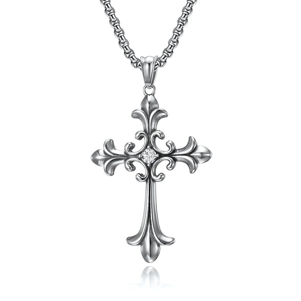 Gothic Retro Cross With Zircon Titanium Steel Pendant Necklace