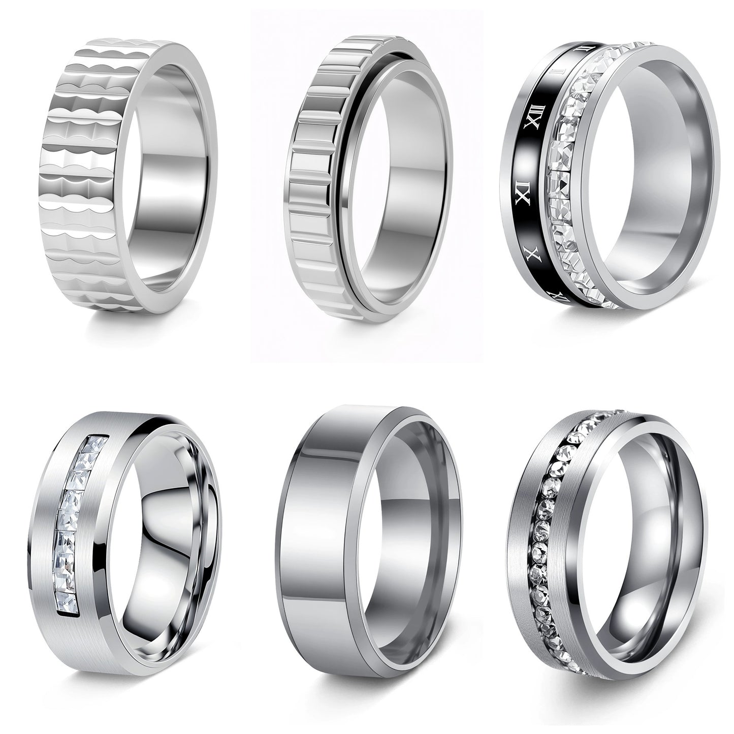 Stainless Steel Ring Set With Wavy Gear Pattern Inlaid Zircon Roman Numerals Unisex Planderful Everyday Genie