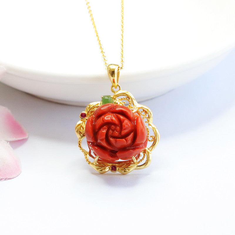 Baoshan Nanhong Agate Peony 925 Silver Pendant — No Chain