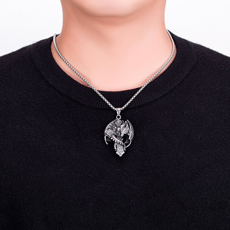 Steel Necklace - Vintage Cross Skull Dragon Pendant