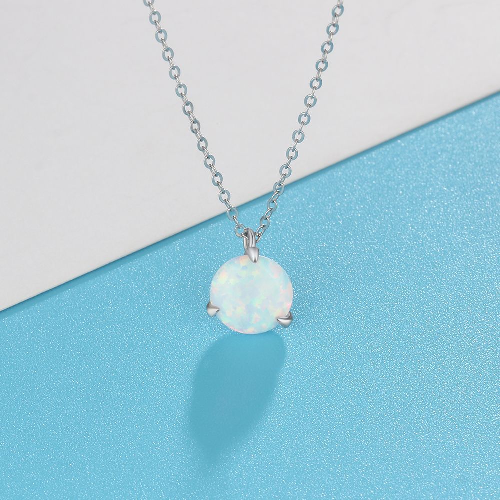 Planderful Jewelry Elegant Round White Opal Sterling Silver Pendant Necklace for Women