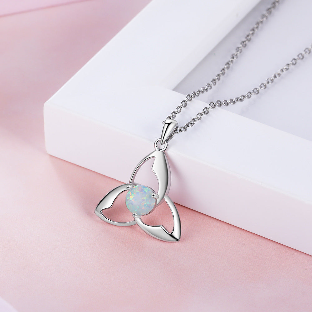 Three Leaf Windmill Round Opal Sterling Silver Necklace