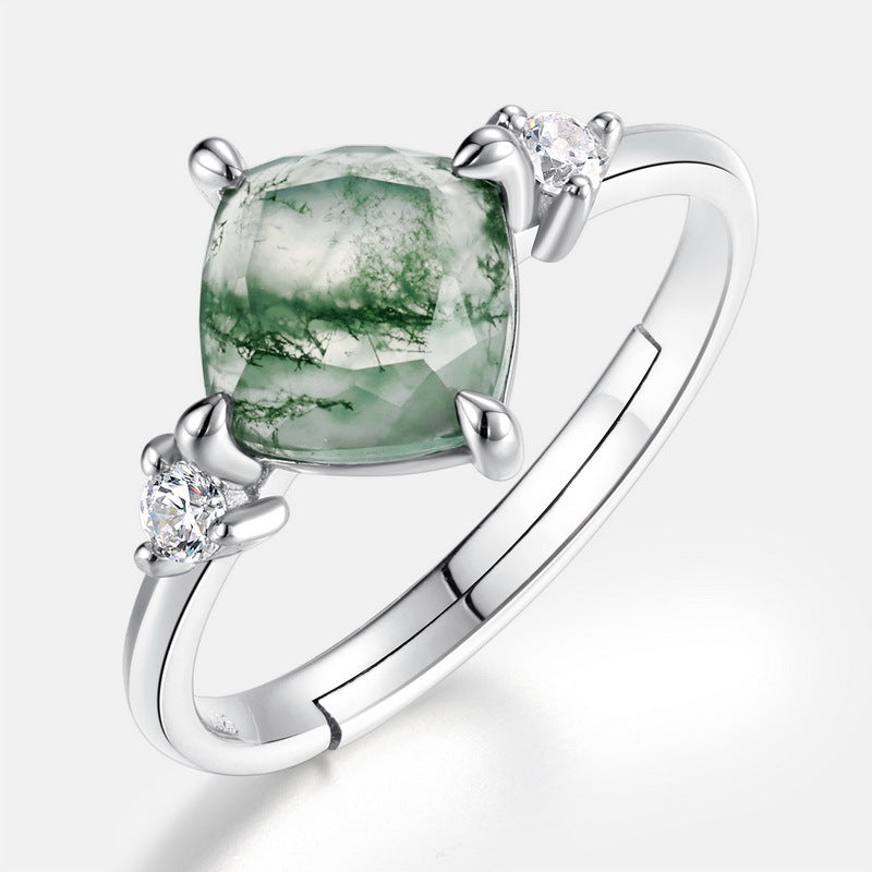 Planderful Everyday Genie Ring – Natural Aquatic Agate with Mossy Stone Silver Design