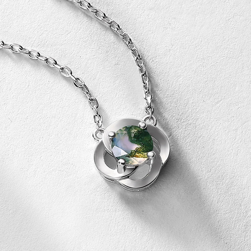 S925 Sterling Silver Moss Agate Clover Necklace