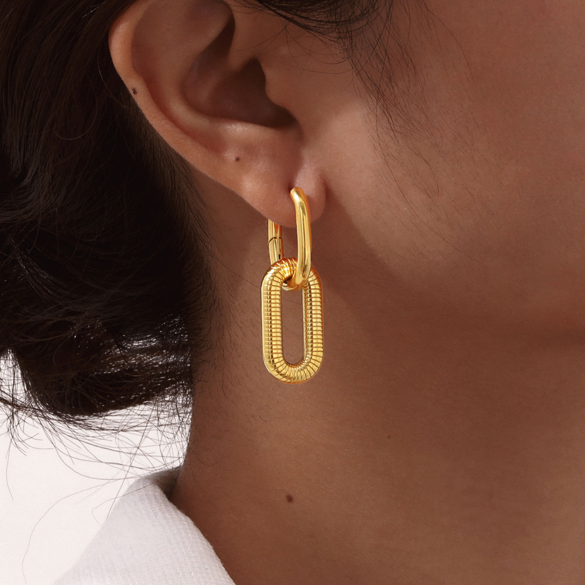 Textured Oval-Link Stainless Steel Drop Earrings