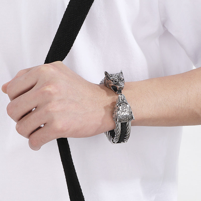 Planderful Mens Skull Wolf Head Steel Leather Bracelet
