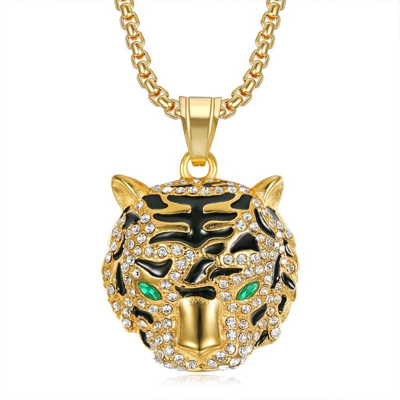 Titanium Steel Necklace – Luxury Gold-Plated Rhinestone Tiger Head Pendant For Everyday Hip Hop Style