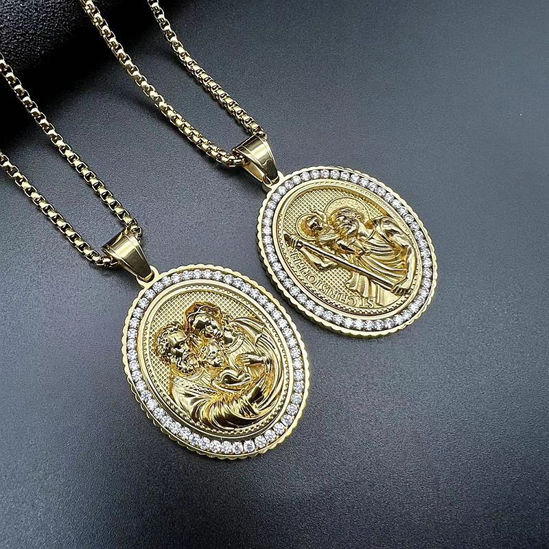 Zircon Necklace – Statement Stainless Steel Gold-Plated Jesus Father And Son Pendant