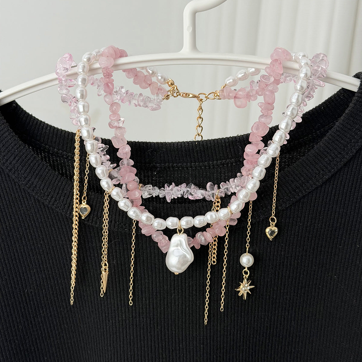 Pink Crystal-Style Pearl Heart Necklace