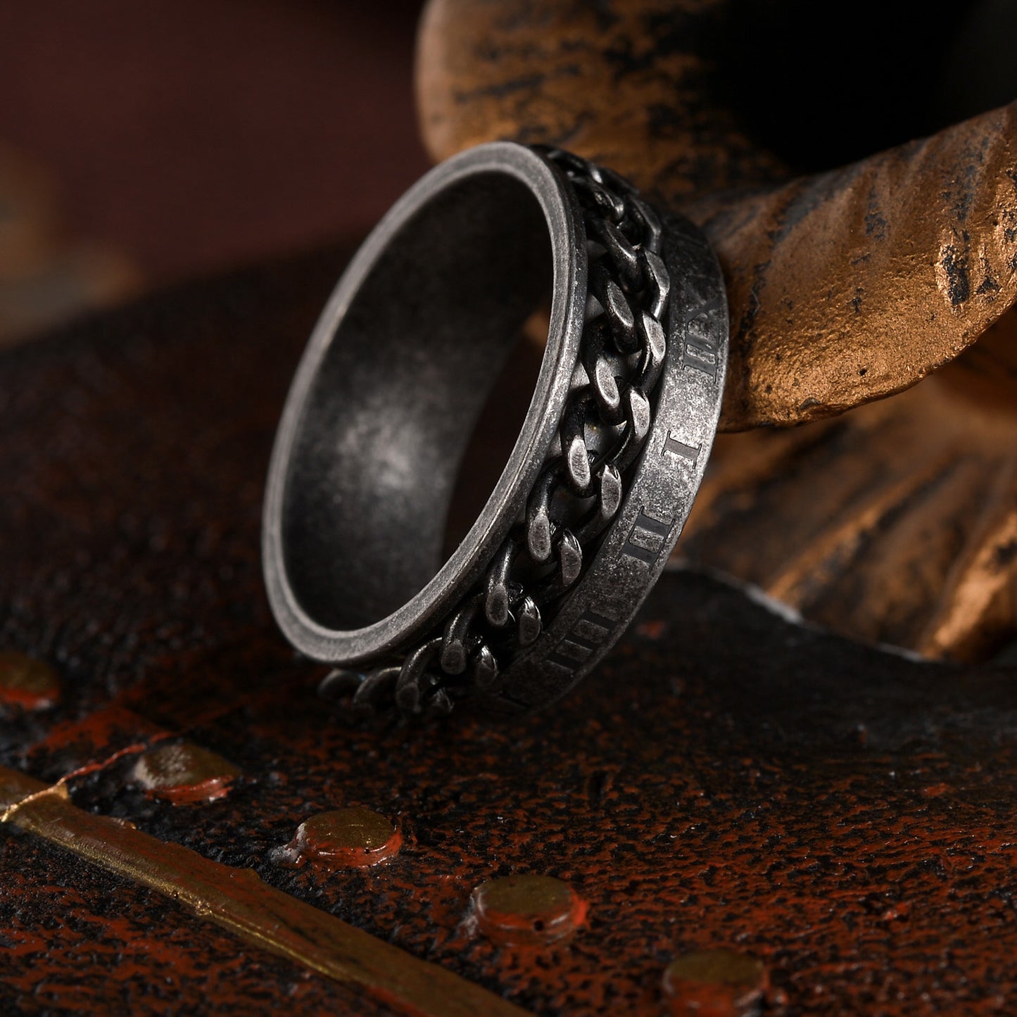Rotating Chain Ring Stainless Steel Unisex Roman Numeral Style Planderful Collection