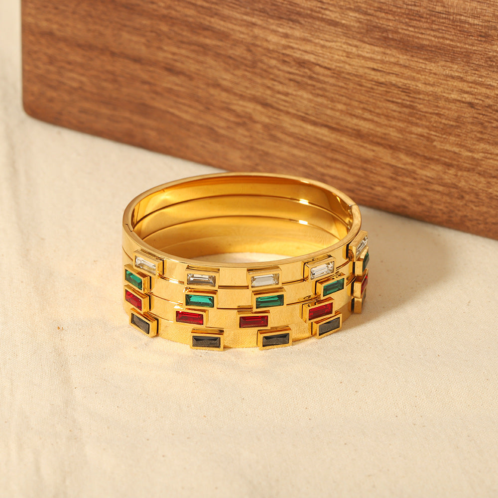 Planderful Jewelry Emerald Square Stainless Steel Bracelet With Zircon For Women