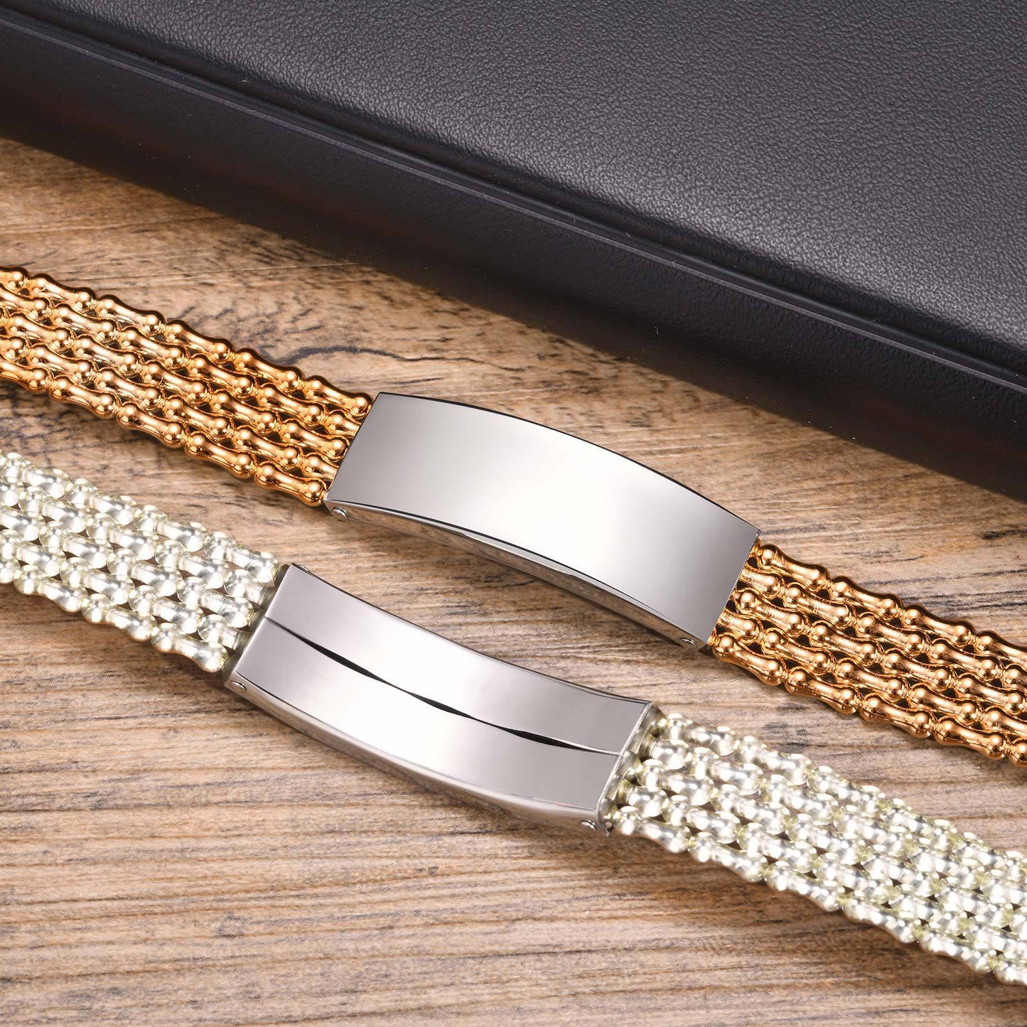 Jewelry Stainless Steel Curved Brand Black PVC Strap Bracelet Universal for Men and Women