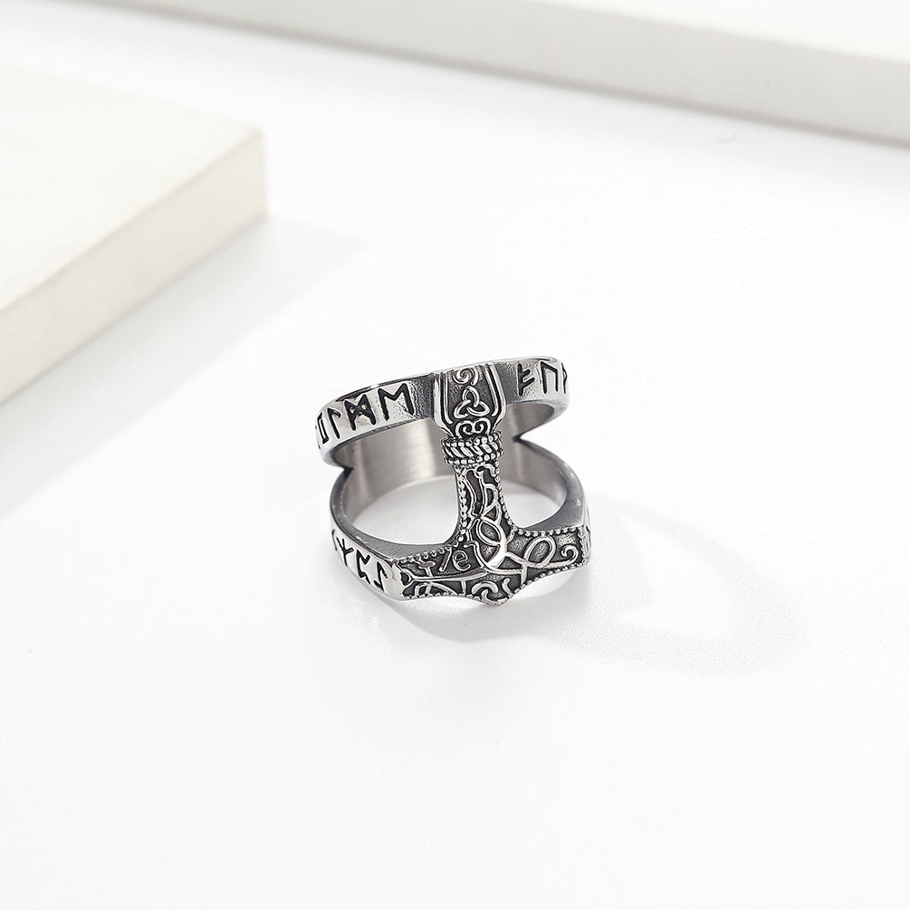 Vintage Nordic Viking Text Quake Titanium Steel Men's Ring